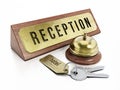 Hotel reception sign, service bell and room keys isolated on white background. 3D illustration