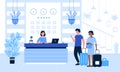 Hotel reception vector illustration, cartoon flat tourist or traveller people standing at desk in office lobby room