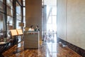 Hotel receptionists in front of modern decorated restaurant in hotel