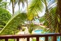 Hotel or residential house in tropical garden, terrace overlooking sunny beach Royalty Free Stock Photo