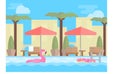 Hotel resort illustration. Open-air swimming pool with blue water,sun loungers, tables, beach umbrellas and palm trees