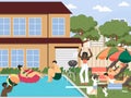 Hotel, resort swimming pool. People sunbathing, drinking cocktail, vector illustration. Summer vacation, pool party. Royalty Free Stock Photo