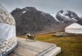 Hotel resort with white yurt house in the mountains of Kazakhstan