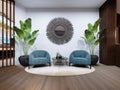 The hotel rest area features two designer armchairs in blue with a potted plant and a zeokal on a white wall Royalty Free Stock Photo