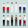 Hotel restaurant male and female team in uniform Group of catering service characters standing together Welcoming banner