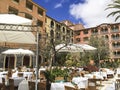 Hotel restaurant in the patio of a luxury hotel. Royalty Free Stock Photo