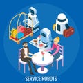 Hotel, restaurant service robots carrying luggage, serving people in cafe, vector isometric illustration.