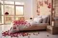 Hotel romance Bed adorned with rose petals creating a romantic setting