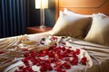 Hotel romance Bed adorned with rose petals creating a romantic setting