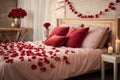 Hotel romance Bed adorned with rose petals creating a romantic setting