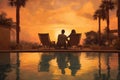 relax travel honeymoon pool vacation back swimming couple romantic sunset. Generative AI.