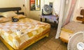 Hotel room with bed and fan in Mazunte Mexico Royalty Free Stock Photo