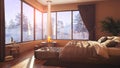 A hotel room with a bed and a large window with winter background 3d illustration Royalty Free Stock Photo