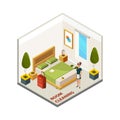 Hotel room cleaning. Isometric cleaning service, vector maid in hotel room