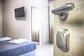 Hotel room door open. Clean and elegant accommodation service.