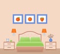 Hotel room interior with bed, bedroom. Vector Illustration. Royalty Free Stock Photo