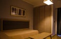 Hotel room interior. Modern hotel. Seaside resort. Bedroom interior. Cozy bedroom. Big double bed. Bedroom furniture Royalty Free Stock Photo