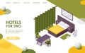 Hotel room landing page or banner template. 3d isometric interior in yellow and green with lafge bed and table good for two people Royalty Free Stock Photo