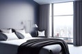 Hotel room in a skyscraper with large glass windows overlooking the city center. A romantic place full of love. Generative