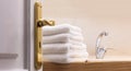 Hotel`s bathroom from open door. White towels folded next to the sink. Close up, blur backdrop. Royalty Free Stock Photo