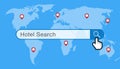 Hotel search engine with world map and gps icon