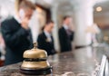 Hotel service bell Concept hotel, travel, room,Modern luxury hotel reception counter desk on background. Royalty Free Stock Photo