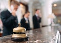 Hotel service bell Concept hotel, travel, room,Modern luxury hotel reception counter desk on background. Royalty Free Stock Photo