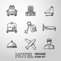 Hotel and service monochrome freehand icons set