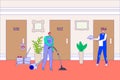 Hotel serviceman and waiter in hall, vector illustration. Man staff clean customer guest room and bring order food from