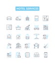 Hotel services vector line icons set. Accommodation, Amenities, Restaurants, Catering, Spa, Pool, Swimming illustration