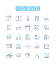 Hotel services vector line icons set. Accommodation, Amenities, Restaurants, Catering, Spa, Pool, Swimming illustration