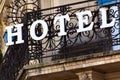 Hotel Sign on Balcony in Paris, France in Summertime Royalty Free Stock Photo