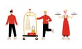 Hotel Staff Character in Uniform with Concierge and Porter with Baggage Rack Vector Set