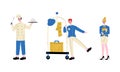 Hotel Staff Character in Uniform with Porter Carrying Baggage and Chef Holding Tray Vector Set