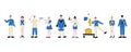 Hotel Staff Characters in Blue Uniform Set, Manager, Maid, Waitress,Chef, Bellhop, Receptionist, Concierge, Doorman