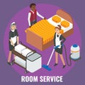 Hotel staff maid, cleaner characters making bed, cleaning room, flat vector isometric illustration. Hotel room services