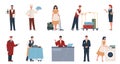 Hotel staff. Professionals in uniforms, hotel business employees, porter, receptionist, housemaid and waiter character