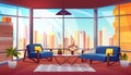 Hotel suite in skyscraper cartoon vector interior Royalty Free Stock Photo