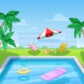 Hotel swimming pool with chaise lounge and umbrella. Vector illustration. Summer travel, vacation and relax concept.