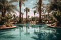 Hotel, swimming pool and palm trees. Rest. Generative AI technology