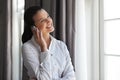 Hotel, talking or happy businesswoman on a phone call networking, deal or speaking of ideas on trip. Travel, mobile Royalty Free Stock Photo