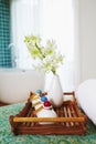 Hotel toiletries on a tray. Conceptual image Royalty Free Stock Photo