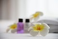 Hotel towel and shampoo and soap bath bottle set on white bed with plumeria flower decorated Royalty Free Stock Photo