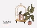 Hotel trolley with luggage, check bag cart in luxury lobbey. Vacation travel illustration, baggage icon, tourism art. Vector