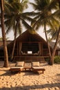 Hotel with a tropical feel. Sun loungers placed in a patio, near beach