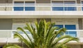 Hotel white front facade buildings and palm on south Mediterranean district