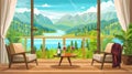 Hotel wood hut for summer holidays. Illustration of wooden chalet with patio and lake nature landscape. Villa design