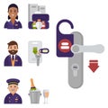 Hotel workers personal professional service man and woman job uniform objects hostel manager vector illustration. Royalty Free Stock Photo