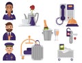 Hotel workers personal professional service man and woman job uniform objects hostel manager vector illustration. Royalty Free Stock Photo