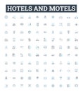 hotels and motels vector line icons set. Lodgings, Accommodations, Inns, Resorts, Suites, Motels, Hostels illustration